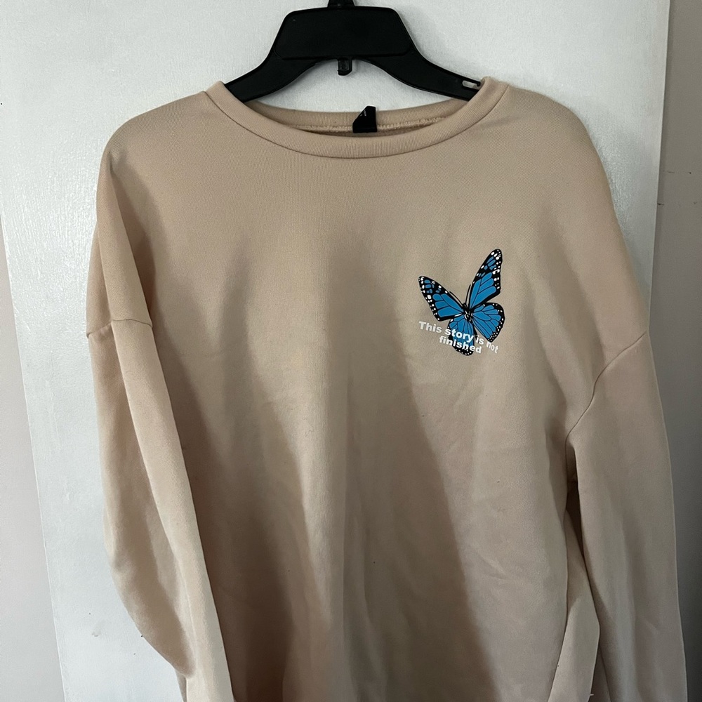 Beige oversized crewneck butterfly sweatshirt